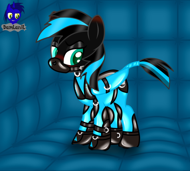 Size: 4608x4154 | Tagged: safe, artist:damlanil, derpibooru import, oc, oc:nightlight aura, pegasus, pony, alternate universe, barcode, blushing, bondage, boots, bound wings, buckle, catsuit, caution sign, closed suit design, clothes, collar, commission, cute, eyeshadow, female, fireheart76's latex suit design, gimp, gimp suit, gloves, hood, image, latex, latex boots, latex gloves, latex suit, lock, makeup, mare, padded cell, png, prisoners of the moon, restrained, restraints, rubber, rubber suit, shiny, shiny mane, shoes, solo, story, story included, straps, suit, text, vector, wings