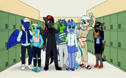 Size: 4000x2500 | Tagged: safe, artist:smallhorses, derpibooru import, oc, oc:atrimy redclouds, oc:christian clefnote, oc:cuteamena, oc:electric blue, oc:flushie, oc:lulu star moonie, oc:luminous siren, unofficial characters only, alicorn, anthro, earth pony, pegasus, plantigrade anthro, unicorn, alicorn oc, belly button, bow, clothes, college, couple, electricute, feet, flip-flops, group photo, horn, image, jpeg, lockers, looking at you, midriff, not luna, pants, reading, ripped pants, sandals, selfie, shipping, suit, torn clothes, wings