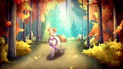 Size: 3960x2228 | Tagged: safe, artist:lunciakkk, derpibooru import, oc, oc:mckeypl, unofficial characters only, unicorn, autumn, clothes, commission, forest, image, leaves, png, scarf, solo, tree