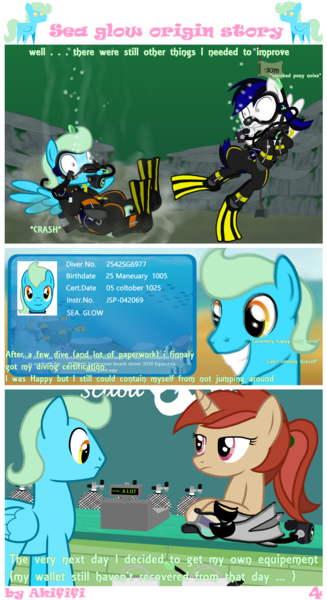 Size: 3000x5500 | Tagged: safe, artist:akififi, derpibooru import, oc, oc:sea glow, pegasus, pony, unicorn, air tank, bubble, cash register, crash, diving, diving suit, excited, flippers, happy, image, onomatopoeia, png, scuba, scuba diving, scuba gear, shop, shopping, sinking, snorkel, spooked, swimming, underwater, wetsuit