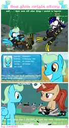 Size: 3000x5500 | Tagged: safe, artist:akififi, derpibooru import, oc, oc:sea glow, pegasus, pony, unicorn, air tank, bubble, cash register, crash, diving, diving suit, excited, flippers, happy, image, onomatopoeia, png, scuba, scuba diving, scuba gear, shop, shopping, sinking, snorkel, spooked, swimming, underwater, wetsuit