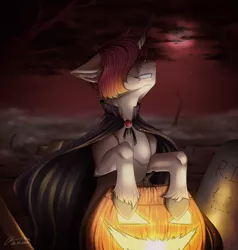 Size: 3760x3944 | Tagged: safe, artist:lunciakkk, derpibooru import, oc, unofficial characters only, pony, unicorn, blood moon, cape, clothes, commission, gravestone, graveyard, halloween, holiday, image, jack-o-lantern, moon, png, pumpkin, solo