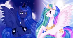 Size: 1980x1024 | Tagged: safe, artist:xx-artbloqued-xx, derpibooru import, princess celestia, princess luna, alicorn, pony, cloud, crown, day, day and night, duo, female, hoof shoes, image, jewelry, mare, moon, necklace, night, one eye closed, png, pretty, regalia, royal sisters, siblings, sisters, sky, smiling, stars, sun, wings