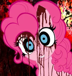 Size: 611x645 | Tagged: grimdark, artist:grimtalesreaper, derpibooru import, pinkie pie, earth pony, pony, blood, crazy face, faic, female, grin, image, jpeg, looking at you, smiling, solo