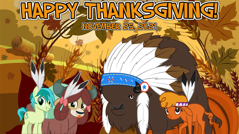 Size: 2063x1161 | Tagged: safe, artist:not-yet-a-brony, derpibooru import, chief thunderhooves, little strongheart, sandbar, yona, buffalo, earth pony, yak, feather, friendship, holiday, image, png, thanksgiving