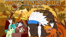 Size: 2063x1161 | Tagged: safe, artist:not-yet-a-brony, derpibooru import, chief thunderhooves, little strongheart, sandbar, yona, buffalo, earth pony, yak, feather, friendship, holiday, image, png, thanksgiving