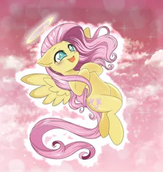 Size: 7325x7686 | Tagged: safe, artist:darkstorm mlp, derpibooru import, fluttershy, pegasus, pony, angel, anime style, background, cute, flying, halo, image, in the air, not dead, png, smiling, solo, spread wings, wings