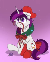 Size: 1712x2140 | Tagged: safe, artist:rokosmith26, derpibooru import, oc, oc:curiosity cosmos, unofficial characters only, pony, unicorn, bow, christmas, christmas stocking, christmas wreath, clothes, commission, floppy ears, holiday, horn, image, leggings, looking up, male, one ear down, png, raised hoof, ribbon, simple background, sitting, smiling, solo, stallion, sweat, sweatdrop, tail, tongue out, unicorn horn, unicorn oc, wreath, ych result