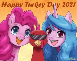 Size: 1300x1040 | Tagged: safe, artist:johnjoseco, derpibooru import, izzy moonbow, pinkie pie, earth pony, pony, unicorn, g5, my little pony: a new generation, holiday, image, looking at you, png, smiling, smiling at you, sunglasses, thanksgiving