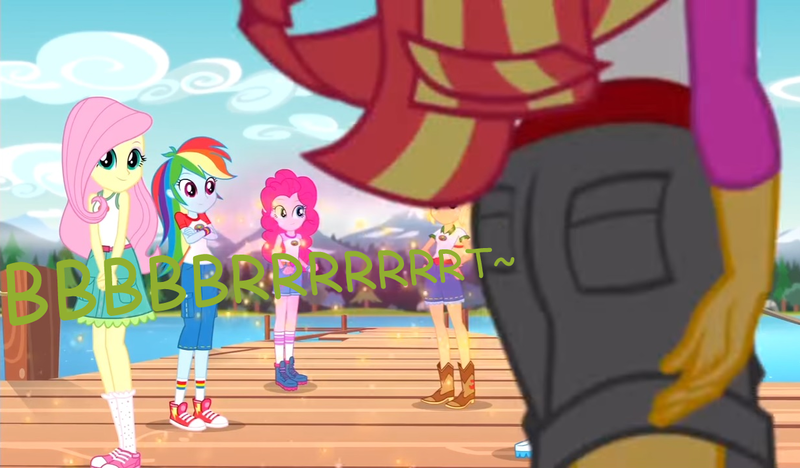 Size: 1226x717 | Tagged: suggestive, artist:thedarkpony, derpibooru import, edit, edited screencap, screencap, applejack, fluttershy, pinkie pie, rainbow dash, sunset shimmer, equestria girls, legend of everfree, bunset shimmer, butt, camp everfree outfits, clothes, fart, fart edit, fart noise, female, image, onomatopoeia, png, shorts, sound effects