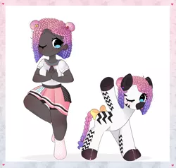 Size: 1707x1627 | Tagged: safe, artist:franshushu, derpibooru import, oc, oc:zuri sambo, unofficial characters only, human, zebra, :p, bisexual pride flag, bow, clothes, cute, dark skin, ear piercing, earring, female, humanized, humanized oc, image, jewelry, jpeg, one eye closed, piercing, pride, pride flag, reference sheet, shirt, simple background, skirt, socks, solo, tail, tail bow, tongue out, white background, wink, yoga, zebra oc