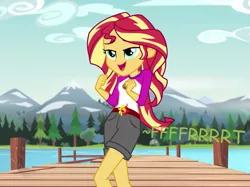 Size: 961x720 | Tagged: suggestive, artist:thedarkpony, derpibooru import, edit, edited screencap, screencap, sunset shimmer, equestria girls, legend of everfree, camp everfree outfits, clothes, cropped, fart, fart edit, fart noise, female, image, onomatopoeia, png, shorts, sound effects