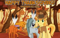Size: 2064x1321 | Tagged: safe, anonymous artist, derpibooru import, braeburn, little strongheart, marble pie, buffalo, earth pony, 2021, autumn, braeble, braeheart, feather, female, forest, friendship, holiday, image, male, png, scenery, shipping, smiling, straight, thanksgiving, tree