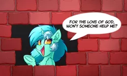 Size: 4000x2400 | Tagged: safe, artist:witchtaunter, derpibooru import, edit, lyra heartstrings, pony, unicorn, brick wall, chest fluff, commission, ear fluff, edgar allan poe, female, image, l.u.l.s., mare, meme, open mouth, parody, png, ponified meme, raised hoof, smiling, solo, the cask of amontillado, underhoof