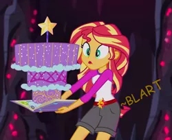 Size: 765x624 | Tagged: suggestive, artist:thedarkpony, derpibooru import, edit, edited screencap, screencap, sunset shimmer, equestria girls, legend of everfree, cake, camp everfree outfits, clothes, cropped, fart, fart noise, female, fetish, food, image, implied messing, implied pooping, implied scat, onomatopoeia, panties, pantypoop, png, poop, scat, shorts, sound effects, underwear