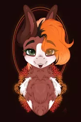 Size: 1600x2400 | Tagged: safe, artist:lickedrainbows, derpibooru import, oc, oc:mocha frost, pegasus, pony, abstract background, bust, chest fluff, coat markings, facial markings, flower, fluffy, image, looking at you, markings, neck fluff, png, solo