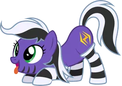 Size: 2208x1564 | Tagged: safe, artist:lightning stripe, derpibooru import, oc, oc:lightning stripe, earth pony, pony, derpibooru community collaboration, 2022 community collab, :p, ass up, behaving like a dog, black and white mane, clothes, cross-eyed, cute, derpibooru exclusive, eyelashes, face down ass up, female, green eyes, image, makeup, mare, ocbetes, png, purple coat, show accurate, silly, simple background, socks, solo, striped socks, stripes, tail, tongue out, transparent background, two toned mane, two toned tail, vector