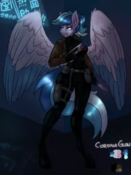 Size: 1080x1440 | Tagged: safe, artist:dimvitrarius, derpibooru import, oc, oc:corona glow, unofficial characters only, anthro, pegasus, anthro oc, colored wings, combat knife, cyberpunk, gun, handgun, image, knife, laser pistol, pegasus oc, pistol, png, ponytail, science fiction, skinsuit, solo, transparent wings, two toned wings, weapon, wings