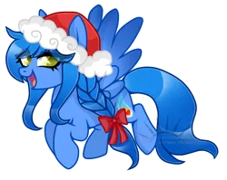 Size: 3161x2517 | Tagged: safe, artist:nekomellow, derpibooru import, oc, oc:blue bolt, unofficial characters only, pegasus, pony, derpibooru community collaboration, 2022 community collab, braid, christmas, flying, hat, holiday, image, pegasus oc, png, ribbon, santa hat, simple background, solo, wings