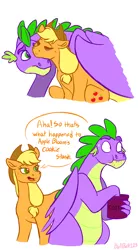 Size: 2350x4272 | Tagged: safe, artist:bellbell123, derpibooru import, applejack, spike, dragon, earth pony, pony, applespike, bags under eyes, caught, cookie, cookie jar, crumbs, cute, dialogue, eating, eyes closed, female, food, high res, image, implied apple bloom, male, mare, older, older spike, png, resting, shipping, speech bubble, straight, sweat, sweatdrop, tired, winged spike, wings