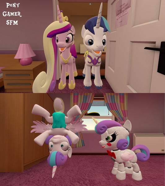 Size: 1920x2160 | Tagged: safe, artist:ponygamer2020, artist:ponygamersfm, derpibooru import, princess cadance, princess flurry heart, shining armor, alicorn, pony, robot, unicorn, 3d, animatronic, circus baby, circus baby flurry heart, duo, female, filly location, five nights at freddy's, five nights at pinkie's, image, levitation, living toy, magic, male, mare, png, scared, sister location, source filmmaker, stallion, surprised, telekinesis, toy, wings