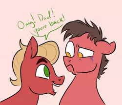 Size: 956x821 | Tagged: safe, artist:woollily, derpibooru import, sprout cloverleaf, oc, oc:big brian, earth pony, pony, confused, dialogue, duo, duo male, frown, g5, happy, image, jpeg, male, open mouth, open smile, raised eyebrow, smiling, stallion