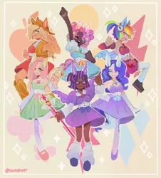 Size: 1069x1180 | Tagged: safe, artist:sweaturrr, derpibooru import, applejack, fluttershy, pinkie pie, rainbow dash, rarity, twilight sparkle, human, clothes, dress, horn, horned humanization, humanized, image, jpeg, magical girl, mane six, skirt, smiling, winged humanization, wings