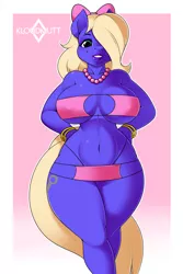 Size: 853x1280 | Tagged: suggestive, artist:kloudmutt, derpibooru import, oc, oc:grape, unofficial characters only, anthro, earth pony, belly button, bikini, breasts, clothes, digital art, female, hand on hip, image, jewelry, jpeg, looking at you, necklace, one eye closed, pose, smiling, smiling at you, solo, swimsuit, tail, thighs, wide hips