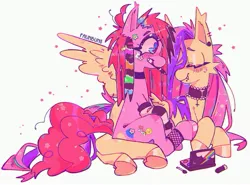 Size: 2700x2000 | Tagged: safe, artist:faunbuns, derpibooru import, fluttershy, pinkie pie, earth pony, pegasus, pony, arm warmers, choker, clothes, cross, ear piercing, earring, eyes closed, female, flutterpie, goth, image, inverted cross, jewelry, jpeg, lesbian, lying down, mare, mouth hold, piercing, prone, scene, shipping, sitting, smiling, sticker