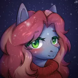 Size: 500x500 | Tagged: safe, artist:blueomlette, derpibooru import, oc, unofficial characters only, anthro, earth pony, bedroom eyes, blushing, bust, clothes, digital art, female, image, looking at you, png, portrait, smiling, smiling at you, snow, solo, sweater