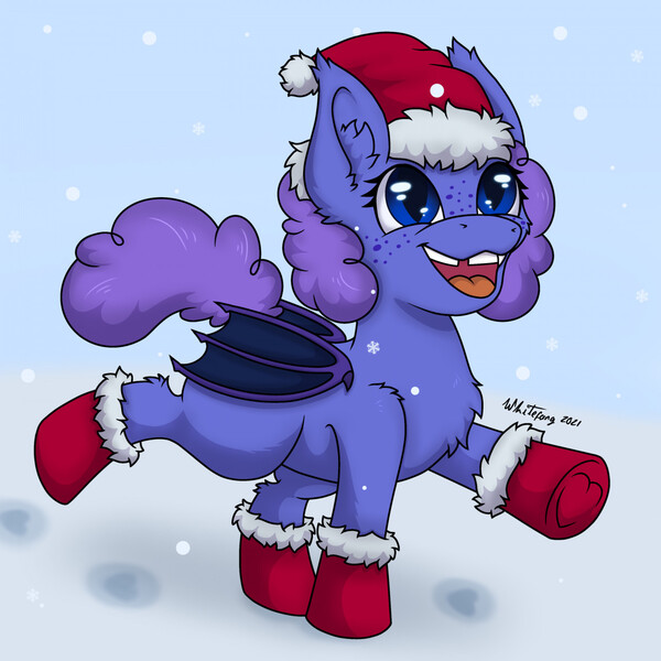 Size: 1280x1280 | Tagged: safe, artist:zackwhitefang, derpibooru import, oc, oc:april, unofficial characters only, bat pony, pony, bat pony oc, bat wings, christmas, clothes, cute, digital art, female, holiday, image, jpeg, mare, open mouth, snow, socks, solo, tail, wings