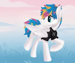 Size: 3000x2500 | Tagged: safe, artist:xvostik, derpibooru import, ponified, pegasus, pony, awsten knight, clothes, commission, dyed mane, dyed tail, horseshoes, image, looking back, male, open mouth, partially open wings, png, raised hoof, raised leg, shirt, solo, stallion, t-shirt, tail, waterparks, ych result