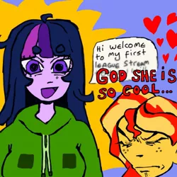 Size: 1493x1493 | Tagged: safe, artist:cutegargoyle, artist:ponywizardry, derpibooru import, sunset shimmer, twilight sparkle, equestria girls, beanbrows, clothes, duo, eyebrows, eyebrows visible through hair, faic, female, gamer twi, heart, hoodie, image, jpeg, speech bubble, streaming