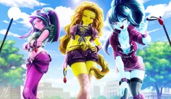 Size: 2064x1194 | Tagged: suggestive, alternate version, artist:mauroz, derpibooru import, adagio dazzle, aria blaze, sonata dusk, equestria girls, rainbow rocks, absolute cleavage, bracelet, breasts, busty sonata dusk, cameltoe, cleavage, clothes, downblouse, female, gem, image, light, looking at you, looking down, midriff, miniskirt, night, offscreen character, one eye closed, open mouth, panties, pants, pigtails, png, ponytail, pov, remake, shorts, siren gem, skirt, smiling, spiked wristband, stars, the dazzlings, trio, trio female, twintails, underwear, upskirt, wink, wristband