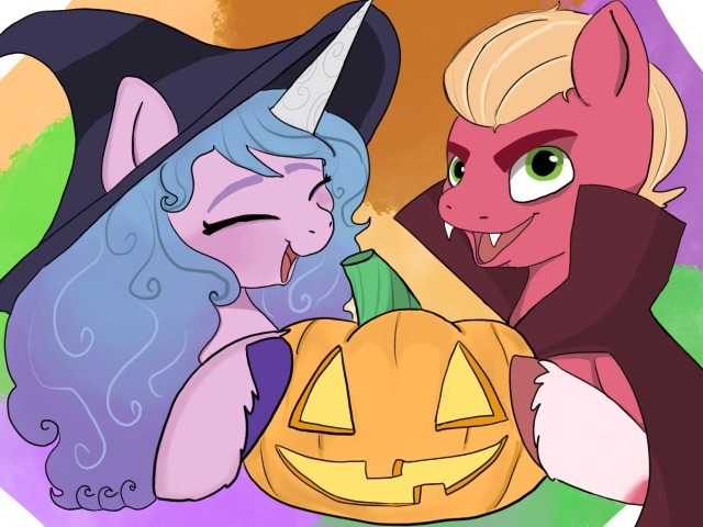 Size: 640x480 | Tagged: safe, artist:beckydoki, derpibooru import, izzy moonbow, sprout cloverleaf, earth pony, pony, undead, unicorn, vampire, my little pony: a new generation, clothes, coat markings, costume, eyes closed, g5, halloween, halloween costume, hat, holiday, image, jack-o-lantern, jpeg, open mouth, pumpkin, socks (coat marking), witch hat