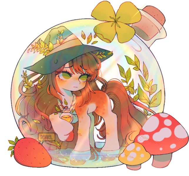 Size: 750x700 | Tagged: safe, artist:deviiel, derpibooru import, oc, unofficial characters only, earth pony, pony, bottle, clover, cork, female, flower, food, hat, image, leaves, mare, mushroom, png, simple background, solo, strawberry, transparent background, unshorn fetlocks, witch hat