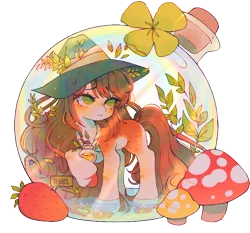 Size: 750x700 | Tagged: safe, artist:deviiel, derpibooru import, oc, unofficial characters only, earth pony, pony, bottle, clover, cork, female, flower, food, hat, image, leaves, mare, mushroom, png, simple background, solo, strawberry, transparent background, unshorn fetlocks, witch hat