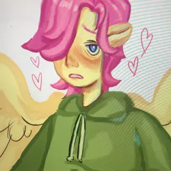 Size: 2048x2048 | Tagged: safe, artist:ponywizardry, derpibooru import, fluttershy, human, equestria girls, clothes, eared humanization, gender headcanon, heart, hoodie, humanized, image, jpeg, lidded eyes, male, photo, picture of a screen, solo, trans male, transgender, winged humanization, wings