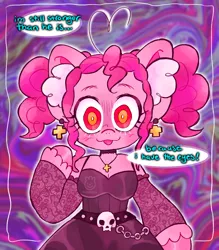 Size: 1798x2048 | Tagged: safe, artist:alexbeeza, derpibooru import, pinkie pie, anthro, earth pony, arm hooves, belt, breasts, clothes, crossover, death note, dialogue, dress, ear fluff, ear piercing, earring, image, jewelry, jpeg, misa amane, open mouth, open smile, piercing, pigtails, smiling, solo, speech bubble