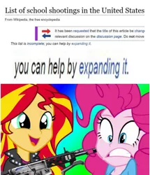 Size: 1496x1736 | Tagged: semi-grimdark, ponybooru import, pinkie pie, sunset shimmer, equestria girls, gun, image, jpeg, school shooting, united states, we are going to hell, weapon, wikipedia