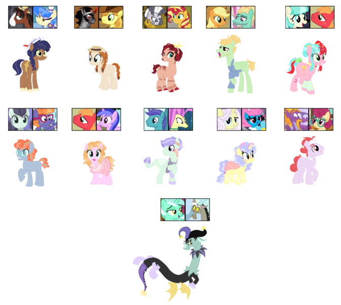 Size: 2833x2531 | Tagged: safe, artist:tragedy-kaz, derpibooru import, big macintosh, braeburn, coco pommel, coloratura, discord, king sombra, lyra heartstrings, posey shy, sapphire shores, seabreeze, steven magnet, sunset shimmer, trouble shoes, zecora, oc, unofficial characters only, breezie, draconequus, earth pony, pegasus, pony, unicorn, base used, crack ship offspring, draconequus oc, image, magical gay spawn, magical lesbian spawn, offspring, parent:big macintosh, parent:braeburn, parent:coco pommel, parent:coloratura, parent:discord, parent:king sombra, parent:lyra heartstrings, parent:posey shy, parent:sapphire shores, parent:seabreeze, parent:steven magnet, parent:sunset shimmer, parent:trouble shoes, parent:zecora, png, screencap reference, simple background, transparent background
