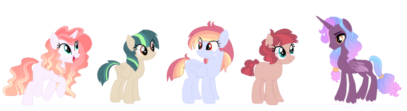 Size: 1968x542 | Tagged: safe, artist:tragedy-kaz, derpibooru import, oc, unofficial characters only, alicorn, earth pony, pony, unicorn, alicorn oc, base used, earth pony oc, eyelashes, freckles, horn, image, looking back, open mouth, png, simple background, smiling, transparent background, unicorn oc, wings