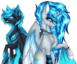 Size: 4725x3900 | Tagged: safe, artist:beamybutt, artist:lumii-i, derpibooru import, oc, oc:moonbeam, unofficial characters only, alicorn, pony, :p, alicorn oc, bracelet, chains, chest fluff, collaboration, duo, ear fluff, ear piercing, female, horn, image, mare, piercing, png, simple background, spiked wristband, tongue out, transparent background, wings, wristband