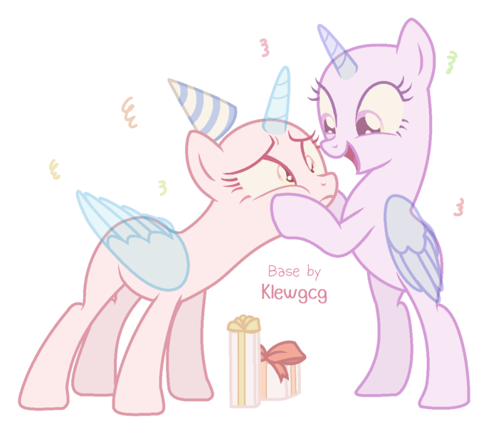Size: 1344x1181 | Tagged: safe, artist:klewgcg, derpibooru import, oc, unofficial characters only, alicorn, pony, alicorn oc, bald, base, bipedal, cheek squish, confetti, duo, eyelashes, female, hat, horn, image, mare, party hat, png, present, simple background, smiling, squishy cheeks, transparent background, wings