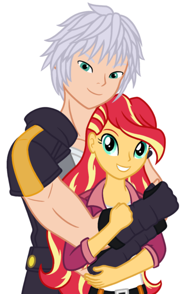 Size: 932x1450 | Tagged: safe, artist:wavebreeze234, derpibooru import, sunset shimmer, alternate hairstyle, clothes, crossover, female, grin, hug, hug from behind, image, kingdom hearts, male, png, simple background, smiling, straight, transparent background