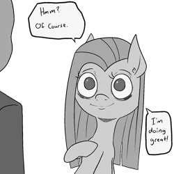 Size: 1414x1414 | Tagged: safe, artist:happy harvey, derpibooru import, pinkie pie, oc, oc:anon, ponified, pony, bags under eyes, blatant lies, dialogue, drawn on phone, drawthread, ear fluff, image, lies, monochrome, pinkamena diane pie, png, pointing at self, raised hoof, simple background, tired, transparent background