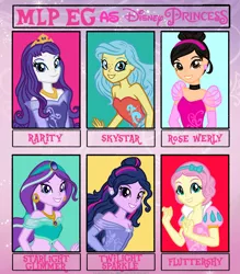 Size: 832x950 | Tagged: safe, artist:wavebreeze234, derpibooru import, fluttershy, princess skystar, rarity, starlight glimmer, twilight sparkle, oc, six fanarts, equestria girls, my little pony: the movie, aladdin, arial, choker, cinderella, clothes, crossover, dress, female, image, jewelry, png, princess, princess jasmine, smiling, snow white, snow white and the seven dwarfs, the little mermaid, tiara