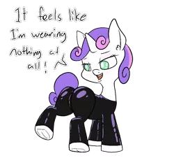 Size: 967x874 | Tagged: suggestive, artist:happy harvey, derpibooru import, sweetie belle, butt, colored pupils, dialogue, drawn on phone, ear fluff, female, foalcon, frog (hoof), image, latex, latex suit, looking at her butt, open mouth, png, raised hoof, simple background, simpsons did it, skintight clothes, solo, solo female, spandex, stupid sexy sweetie belle, tail, tail aside, the simpsons, transparent background, underage, underhoof