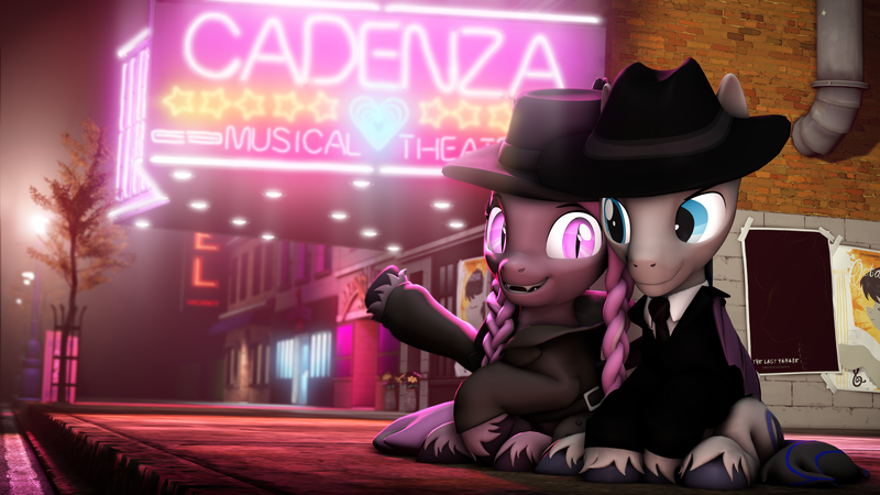 Size: 7680x4320 | Tagged: safe, artist:lagmanor, artist:spainfischer, derpibooru import, neon lights, octavia melody, rising star, oc, oc:film-shot, oc:wintergleam, ponified, bat, bat pony, earth pony, pony, unicorn, 3d, absurd resolution, awning, bare hooves, bat eyes, bat pony oc, bat wings, blurry background, braid, brick wall, building, clothes, earth pony oc, eyebrows, fangs, fedora, female, hat, heart, hidden horn, horn, hug, image, looking at each other, looking at someone, looking at you, male, mane, mare, necktie, neon, night, not shipping, png, pony ears, poster, raised leg, sidewalk, sign, sitting, smiling, smiling at you, source filmmaker, stallion, stars, street, street lights, streetlight, tail, theater, tree, trenchcoat, tube, tuxedo, unicorn oc, vignette, window, winghug, wings