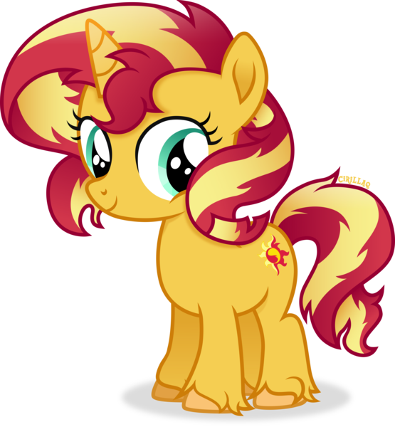Size: 5623x6084 | Tagged: safe, artist:cirillaq, derpibooru import, sunset shimmer, pony, unicorn, absurd resolution, female, filly, filly sunset shimmer, foal, full body, horn, image, png, shadow, simple background, smiling, solo, standing, tail, transparent background, two toned mane, two toned tail, unshorn fetlocks, vector, younger